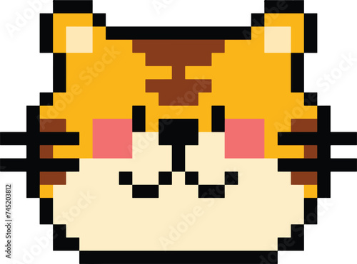 cute tiger pixel art in 8 bit pixel art. Animal for game asset and cross stitch pattern in vector illustration.