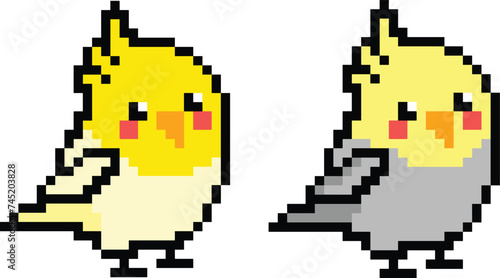 cute cockatiel pixel art in 8 bit pixel art. Animal for game asset and cross stitch pattern in vector illustration.