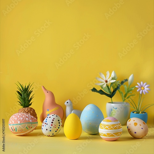 Bright yellow background including Easter related items with copy space.  photo