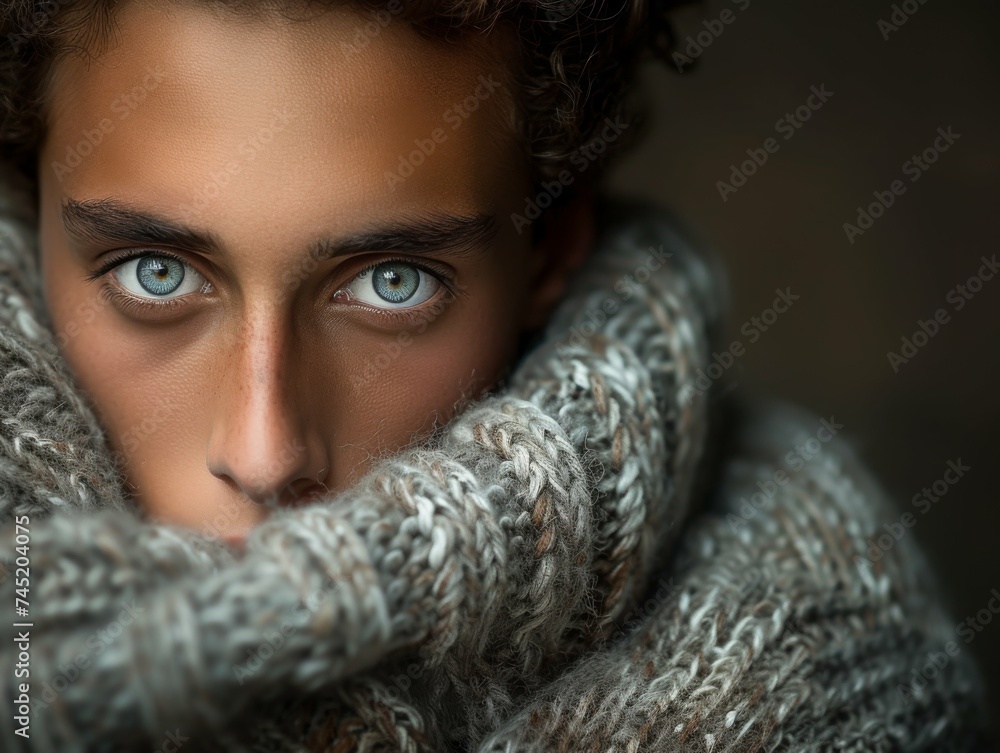 A detailed view of a multiracial individual, their face partially covered by a stylish scarf A detailed view of a multiracial individual, their face partially covered by a stylish scarf
