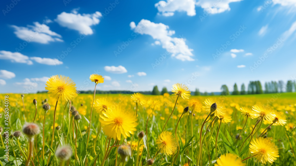 Beautiful meadow field with fresh grass and yellow dandelion flowers in nature against a blurry blue sky with clouds. Summer spring perfect natural landscape.