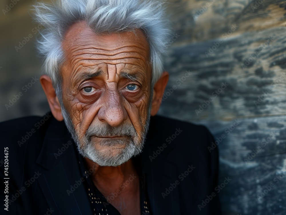 An elderly man with white hair and piercing blue eyes gazes at the camera
