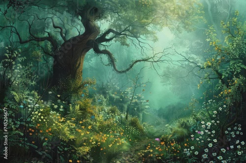 Wallpaper Mural Nature's Symphony: Enchanted Forest Pathway with Drizzling Rain and Butterflies. Torontodigital.ca