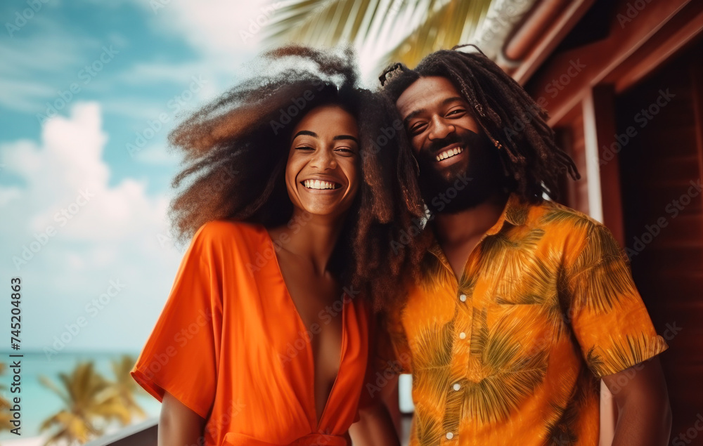 Fototapeta premium Radiant couple sharing a laugh on a vibrant porch