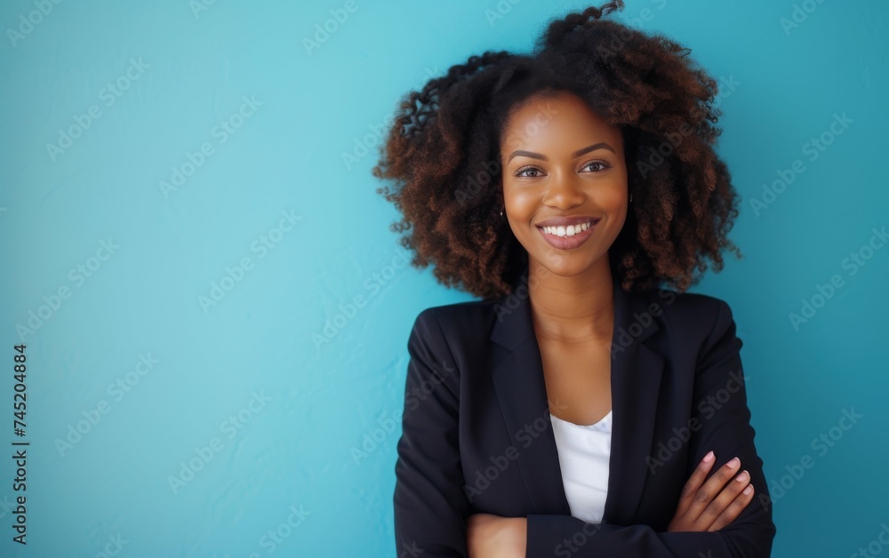 A multiracial woman stands with her arms crossed, smiling brightly A multiracial woman stands with her arms crossed, smiling brightly
