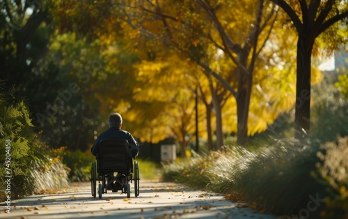 A multiracial man in a wheelchair is moving down the road