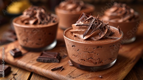 a Belgian Chocolate Mousse, rich and airy, garnished with chocolate shavings, sweet dessert and cake photo