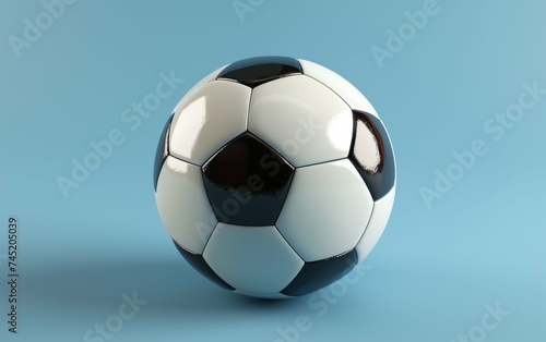 A black and white soccer ball stands out against a vibrant blue background  showcasing the classic sports equipment