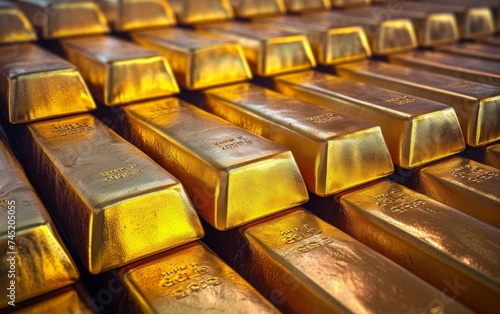 A collection of gold bars neatly stacked next to each other, reflecting light in a shiny display
