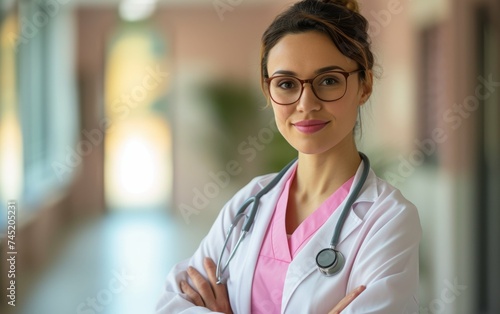 A multiracial woman wearing a white coat and glasses