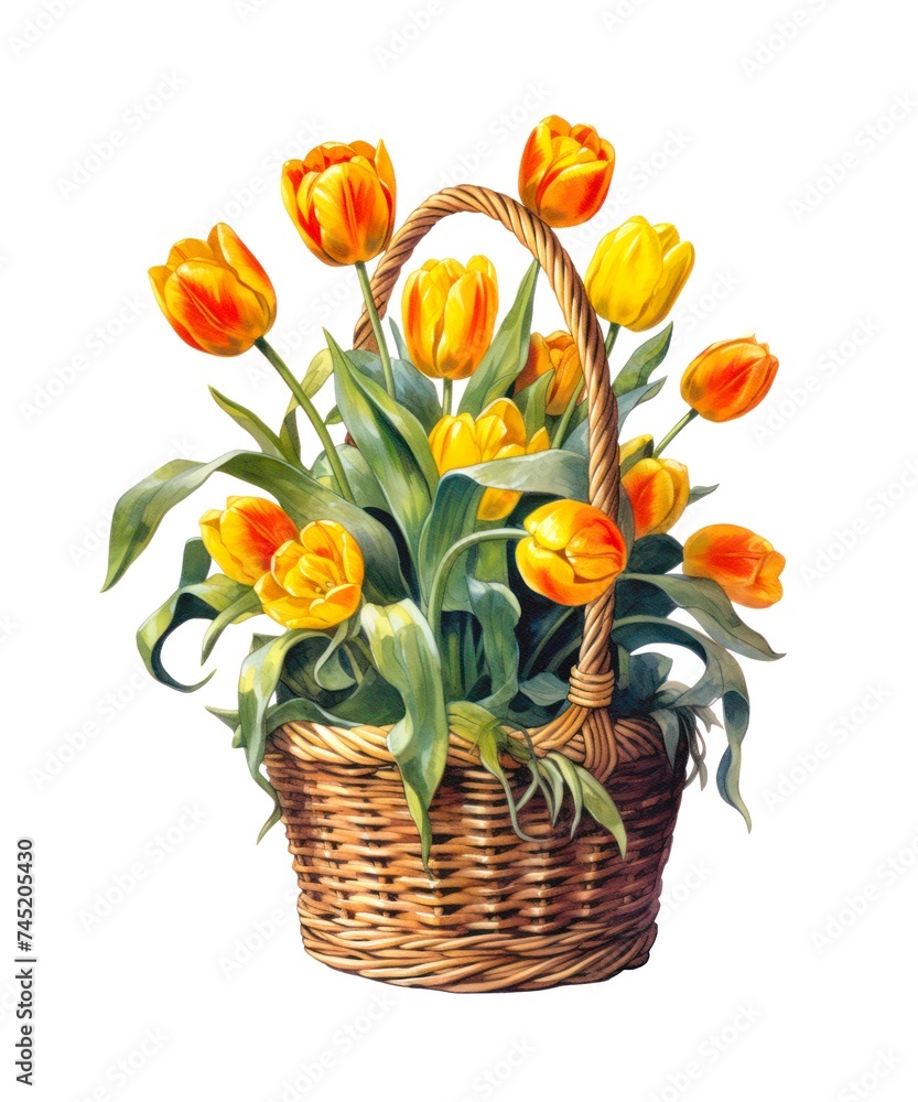 Wicker basket with bouquet of yellow tulips isolated on white background, watercolor style. Wicker basket with bouquet of yellow tulips isolated on white background, watercolor style.