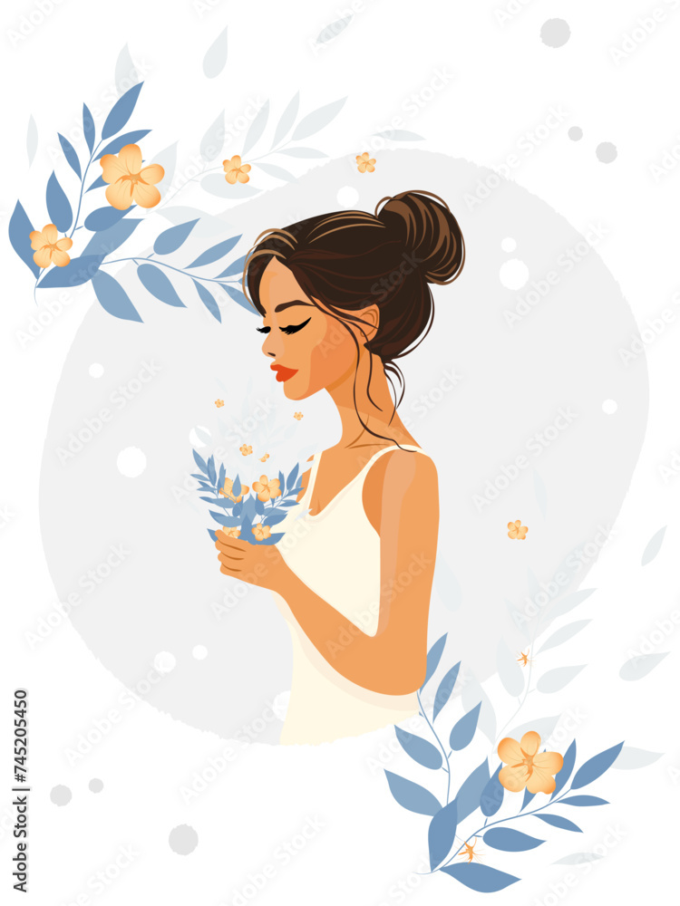 Greeting card with young delicate girl and flowers in delicate shades Greeting card with young delicate girl and flowers in delicate shades