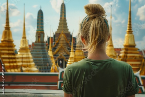Young Woman in Green Shirt Gazing at Grand Palace and Wat Phra Kaew, Bangkok, Thailand