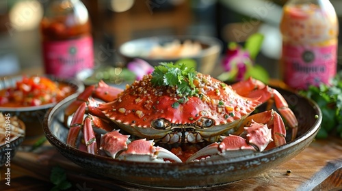 a Singaporean chili crab dish, vibrant red sauce and crab meat, Southeast Asian cuisine