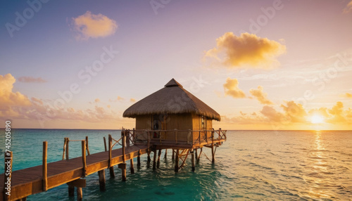 Tropical overwater bungalow at sunset © Andrey