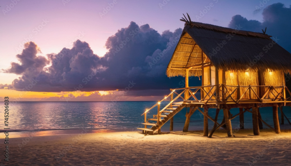 Tropical overwater bungalow at sunset