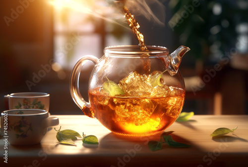 Iced tea pours into a sunlit glass pitcher, reflecting golden hues amidst a tranquil backdrop