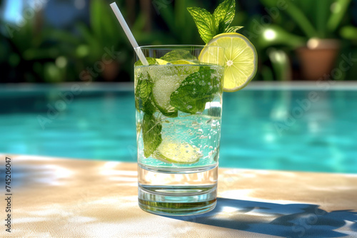 Refreshing Mojito cocktail by the poolside on a sunny day
