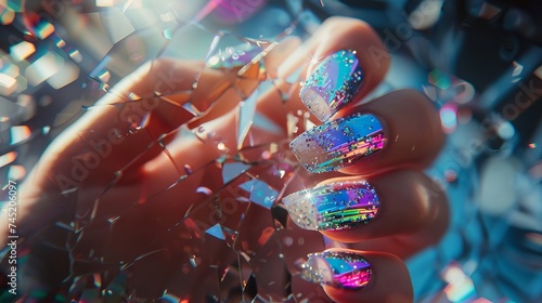 Vibrant Holographic Futuristic Cracked and Glitched Nail Art Closeup  photo