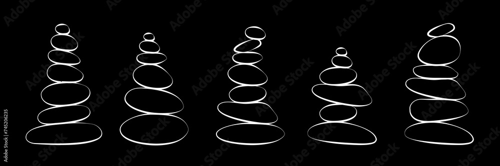 Meditation stone balance pyramid silhouette set vector illustration. Zen, meditation, relaxing or tranquility concept isolated on black background Meditation stone balance pyramid silhouette set vector illustration. Zen, meditation, relaxing or tranquility concept isolated on black background