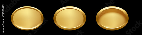 Gold ellipse button with frame vector illustration set. 3d golden glossy elegant oval design for empty emblem, medal or badge, shiny and gradient light effect on plate isolated on black background