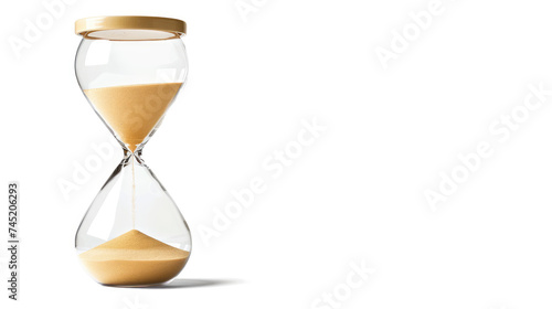 A classic hourglass with cascading sand, capturing the essence of time passing, isolated on a white background.