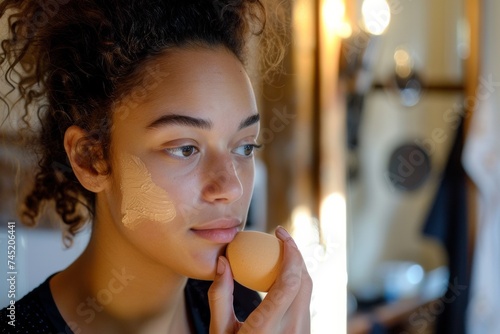 Multiracial Woman Applying Foundation to Conceal Skin Imperfections in Front of a Mirror at Home