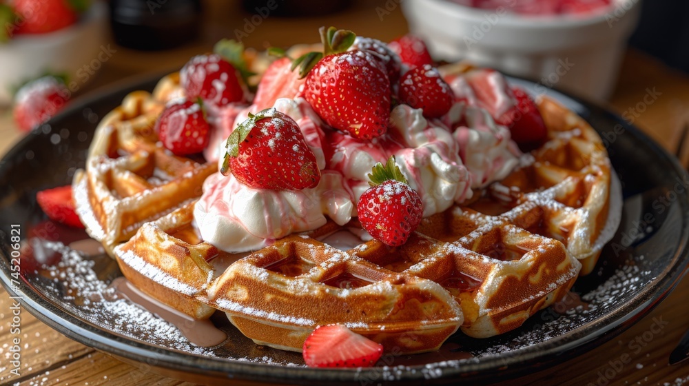 a Belgian waffle, with toppings of strawberries and cream, dessert cuisine a Belgian waffle, with toppings of strawberries and cream, dessert cuisine