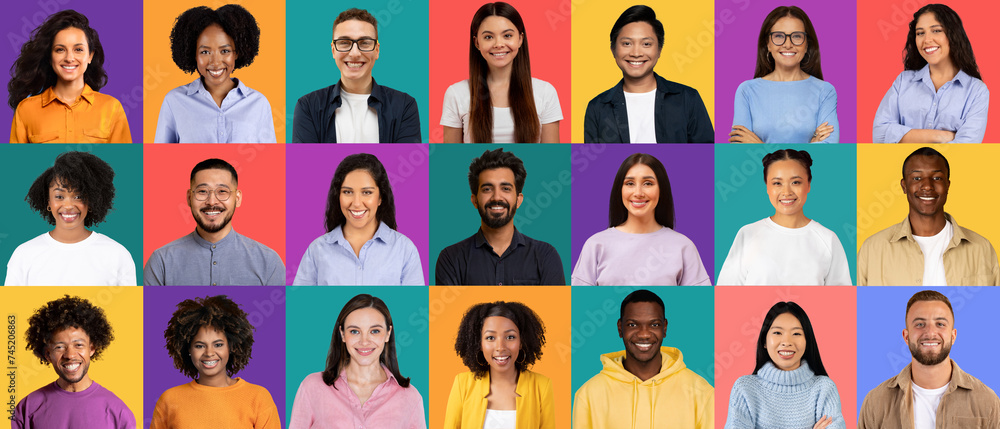 A collage of diverse, cheerful people with different ethnicities smiling confidently A collage of diverse, cheerful people with different ethnicities smiling confidently