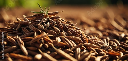 a pile of sunflower seeds with a sprig of green on top of the top of the seeds.