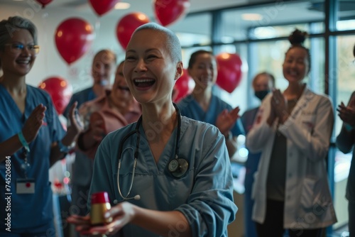 Joyful Woman in Chemotherapy Treatment Celebrating with Ceremonial Bell Ring Alongside Nurse and Supporters