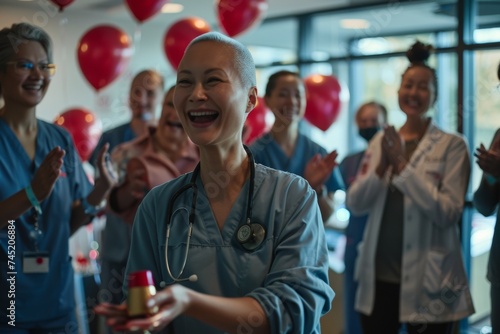 Joyful Woman in Chemotherapy Treatment Celebrating with Ceremonial Bell Ring Alongside Nurse and Supporters photo