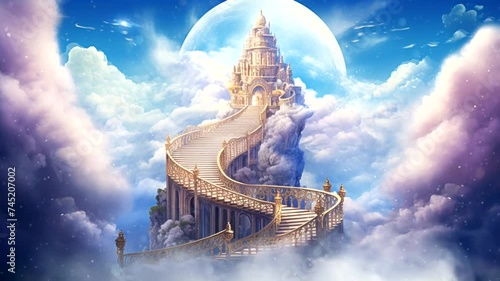 Scene of the stairs to heaven with a cloudy background, animated virtual repeating seamless 4k	