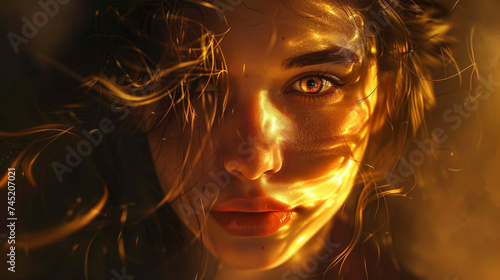 Amber Aura: Warm amber light envelops a beautiful woman, creating fascinating shadows.