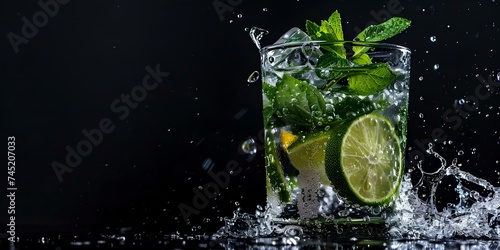 Refreshing mojito cocktail splash on dark background, summer drink concept with lime and mint, ideal for bar and restaurant menus. AI