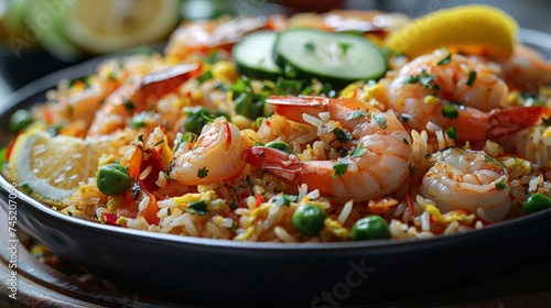 of Thai Fried Rice (Khao Pad), with shrimp and vegetables, garnished with cucumber and lemon