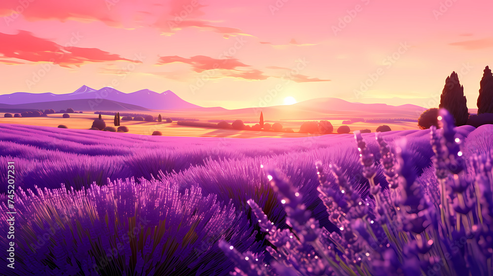 Fototapeta premium A field of lavender flowers with a blurry sky in the background