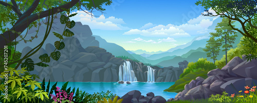 Ground level view of a beautiful waterfall flowing from the rocky cliffs and a landscape of hills and mountains