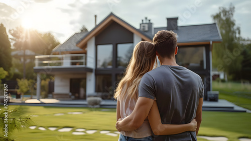 Back view of young couple embracing each other in front of new house. Young couple standing in front of their new luxury home on a sunny day. Real estate business concept.