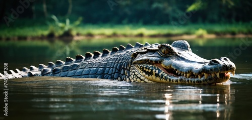 a close up of a large alligator in a body of water with a forest in the backgrouund. photo