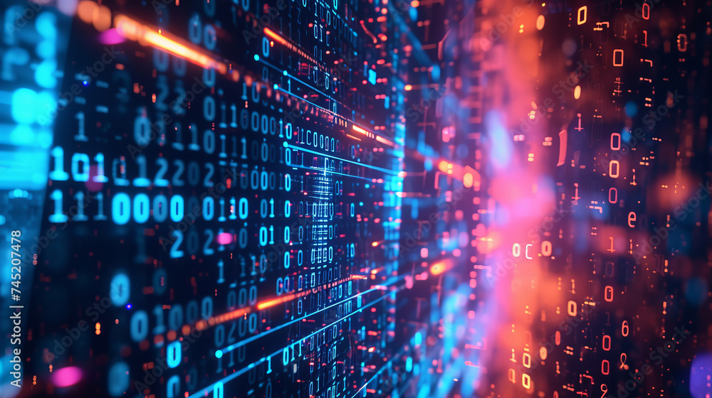 Obraz premium An abstract representation of robust cybersecurity, with digital shields and binary codes The artwork conveys resilience and the innovative measures taken to secure digital, AI Generative