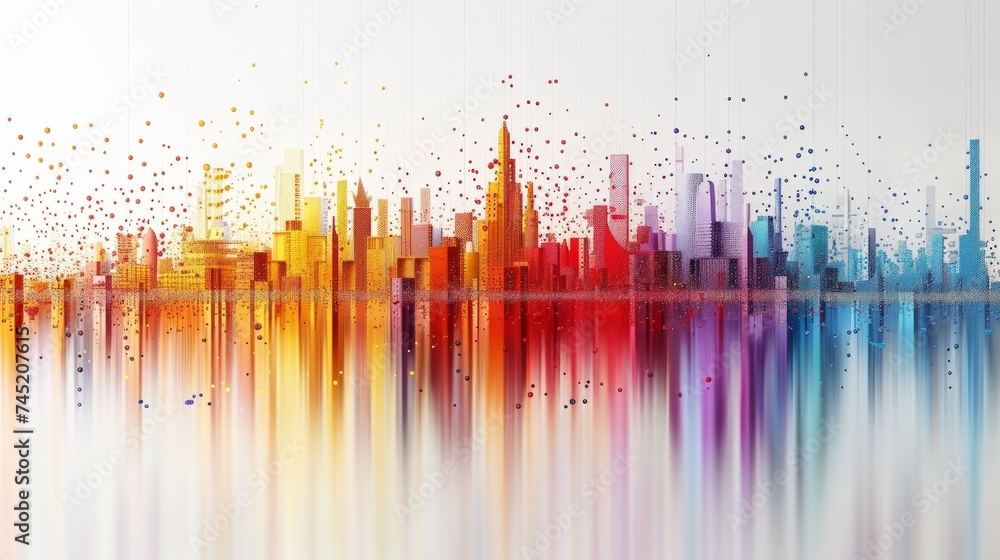 An artistic representation of a smart city, depicted by dots and connecting gradient lines to symbolize the intricate web of connectivity within. This abstract visualization, AI Generative