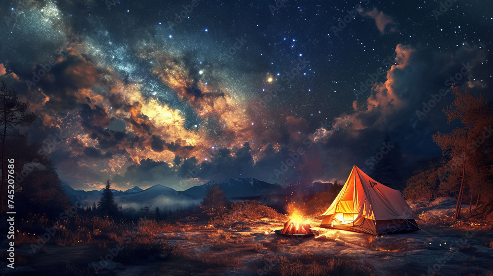 An idyllic campsite scene with a tent nestled by the campfire under a mesmerizing starry sky The night is alive with the sound of nature, and the warm glow of the fire, AI Generative - obrazy, fototapety, plakaty 