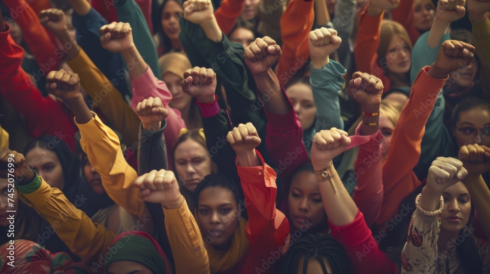 Naklejka premium An inspiring image of people from all walks of life raising their fists in support of a cause, embodying the power, AI Generative