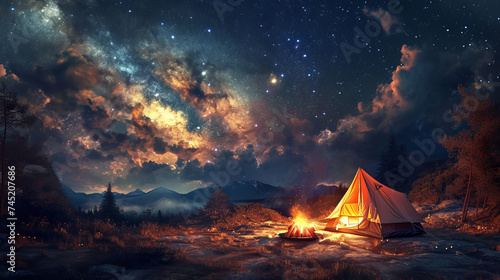 An idyllic campsite scene with a tent nestled by the campfire under a mesmerizing starry sky The night is alive with the sound of nature, and the warm glow of the fire, AI Generative photo