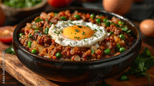 a South African bobotie dish, spiced minced meat with an egg-based topping, traditional recipe