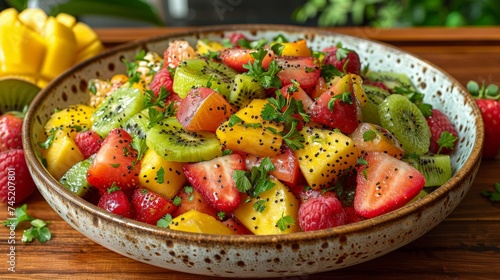 Healthy living concept, close-up of a bowl of f resh fruit salad on a wooden table, morning light, focus on texture and vibrant colors Stock photo style