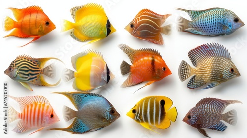 Assortment of colorful fish, from tropical to temperate species, displayed on a crisp white background. The detailed textures and bright colors of the fish stand out, AI Generative