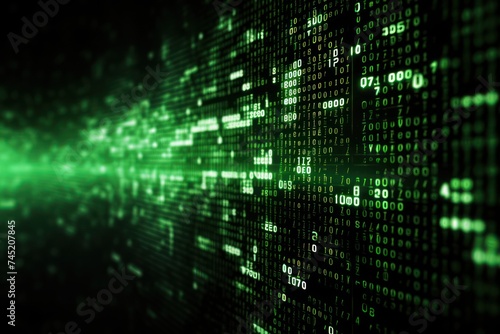 Green digital binary data on computer screen background