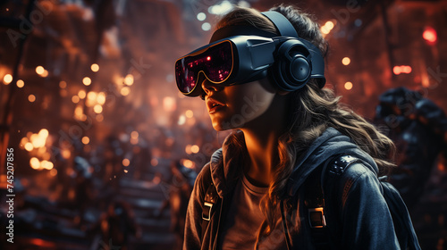 young girl wearing virtual reality goggles immersed in a game